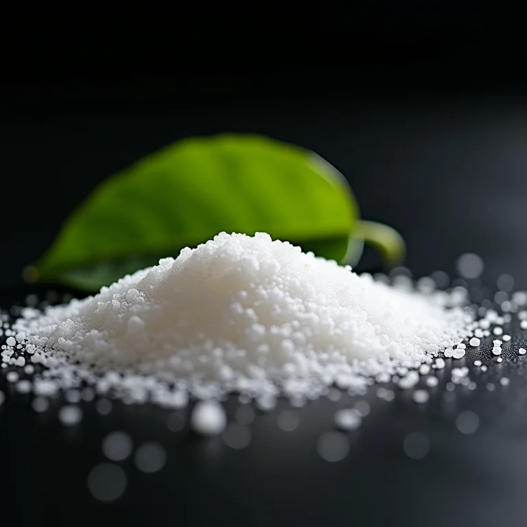 Grânulos de adoçante artificial derramando sobre superfície escura.