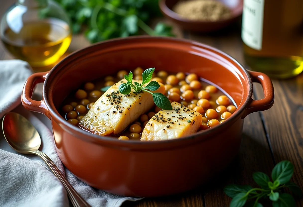 Grão de bico com bacalhau em panela de barro com ingredientes frescos ao redor