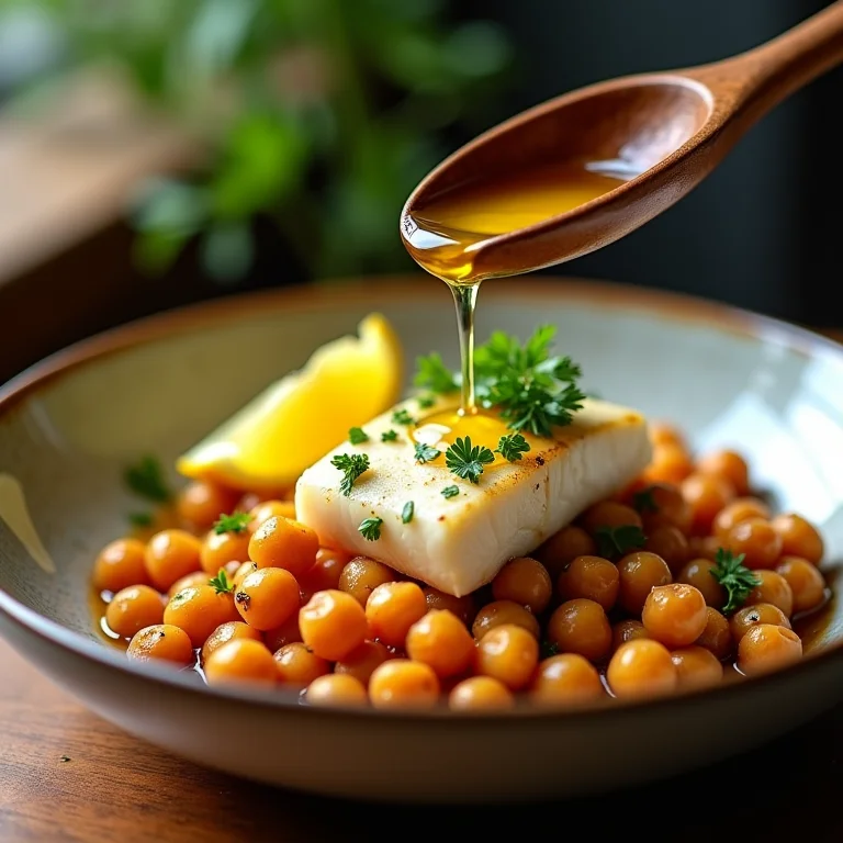 Grão de bico com bacalhau finalizado com azeite e salsa