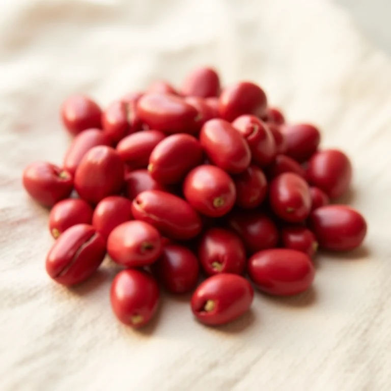 Grãos de feijão azuki crus em tecido de linho