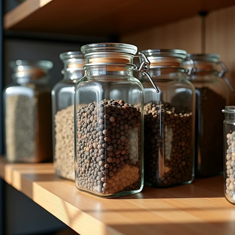 Grãos de pimenta do reino armazenados em potes de vidro herméticos.