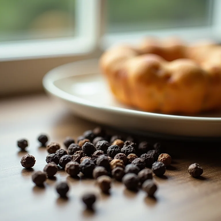 Grãos de pimenta do reino frescos ao lado de um prato de comida.