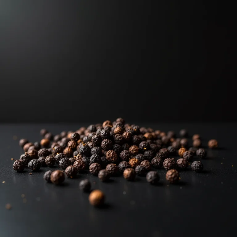 Grãos de pimenta preta derramados em uma superfície escura