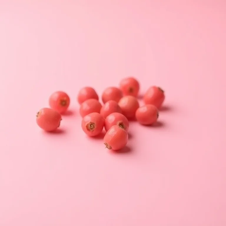 Grãos de pimenta rosa espalhados em uma superfície rosa clara