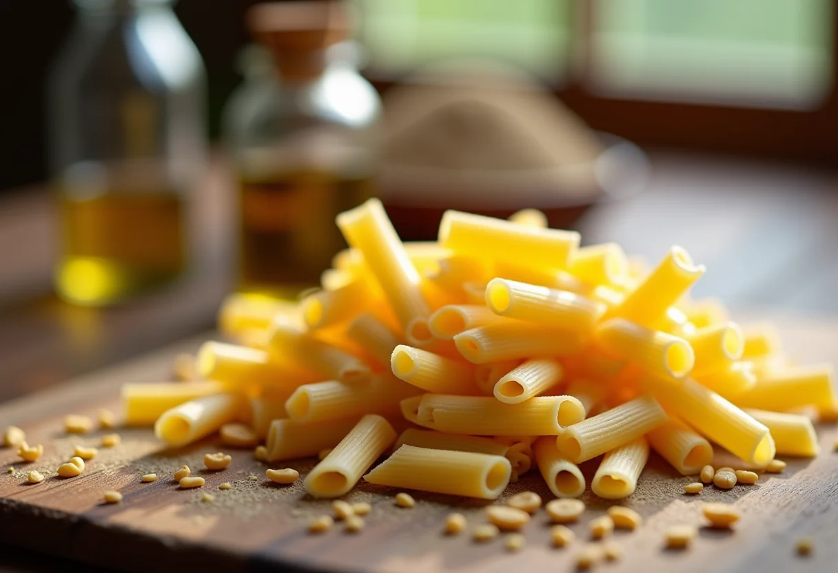 Grãos de sêmola de trigo dispostos artisticamente sobre mesa de madeira rústica.