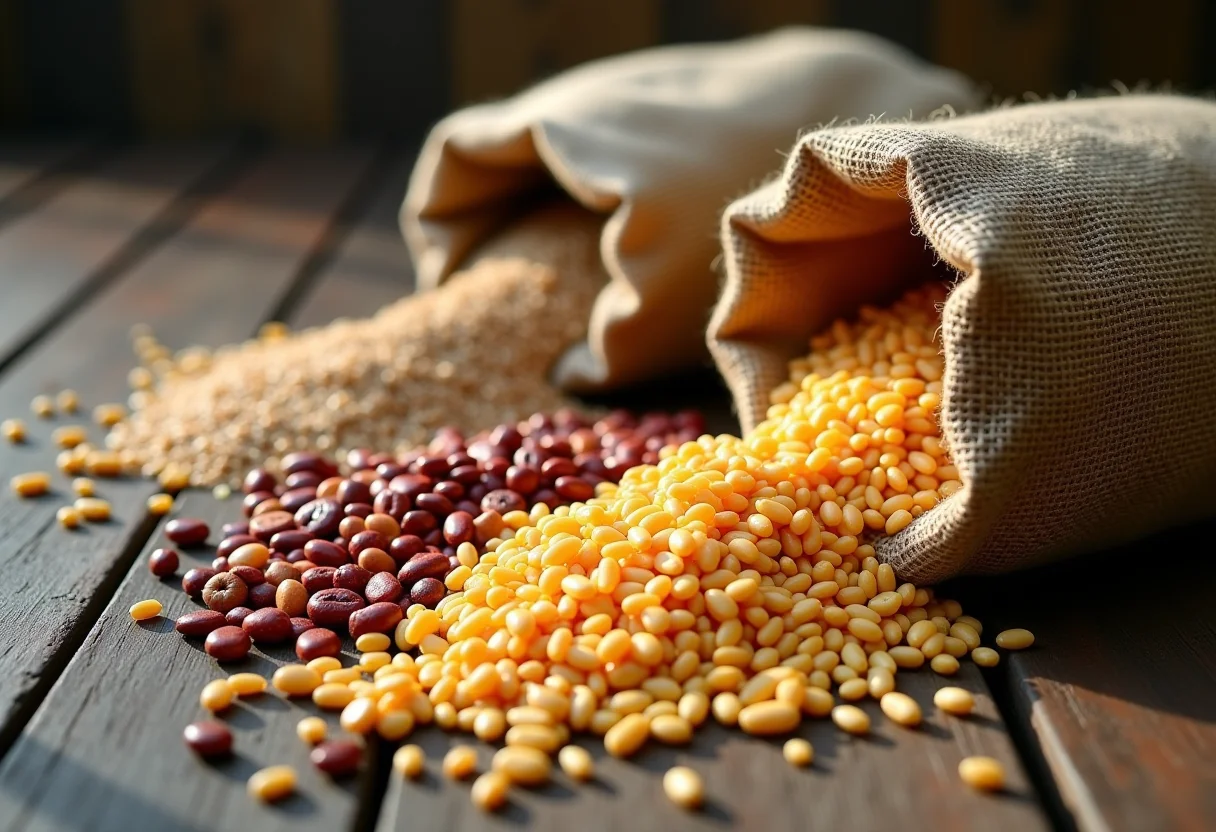 Grãos variados a granel derramados sobre mesa de madeira, luz natural.