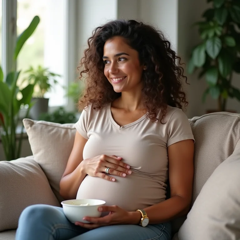 Grávida brasileira consumindo iogurte proteico YoPRO em casa