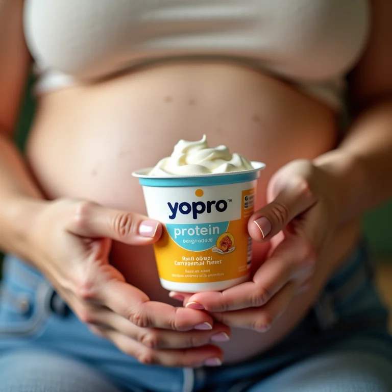 Grávida segurando iogurte proteico YoPRO