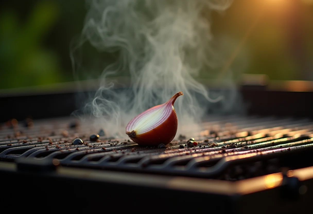 Grelha sendo limpa com metade de uma cebola crua