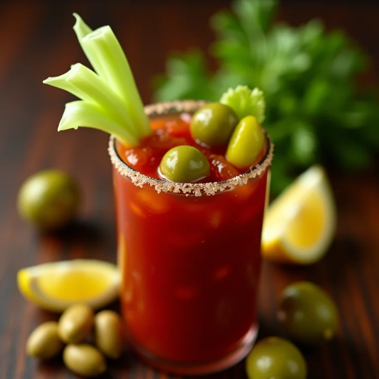 Guarnições para Bloody Mary, incluindo talos de aipo, azeitonas, limão e vegetais em conserva