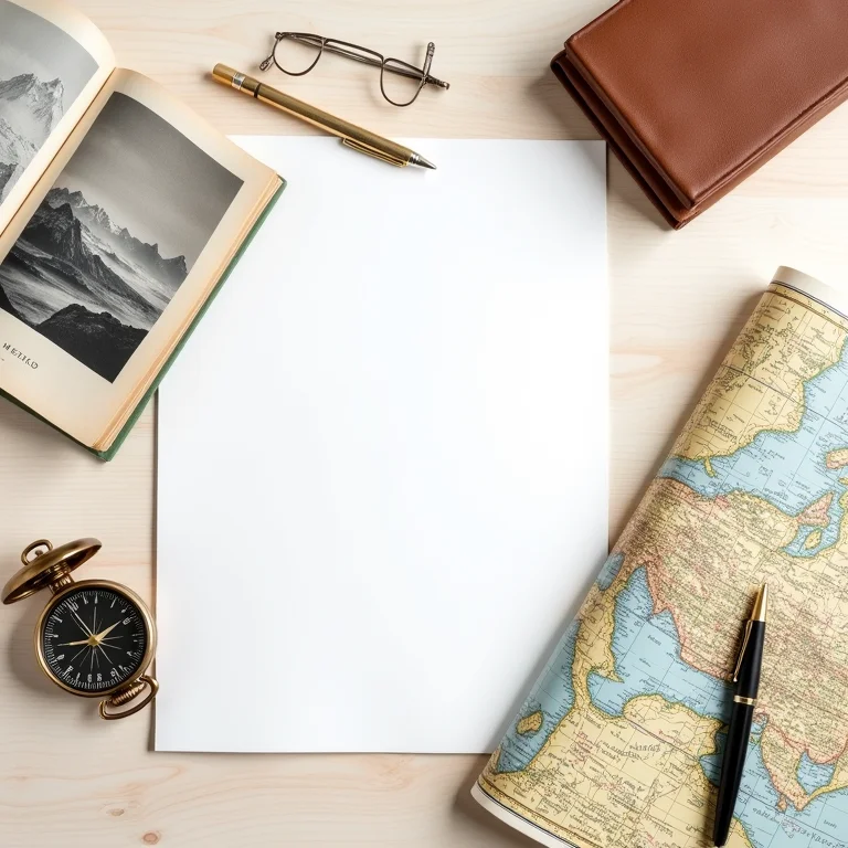 Guia de viagem com mapa, bússola e caderno sobre mesa de madeira clara