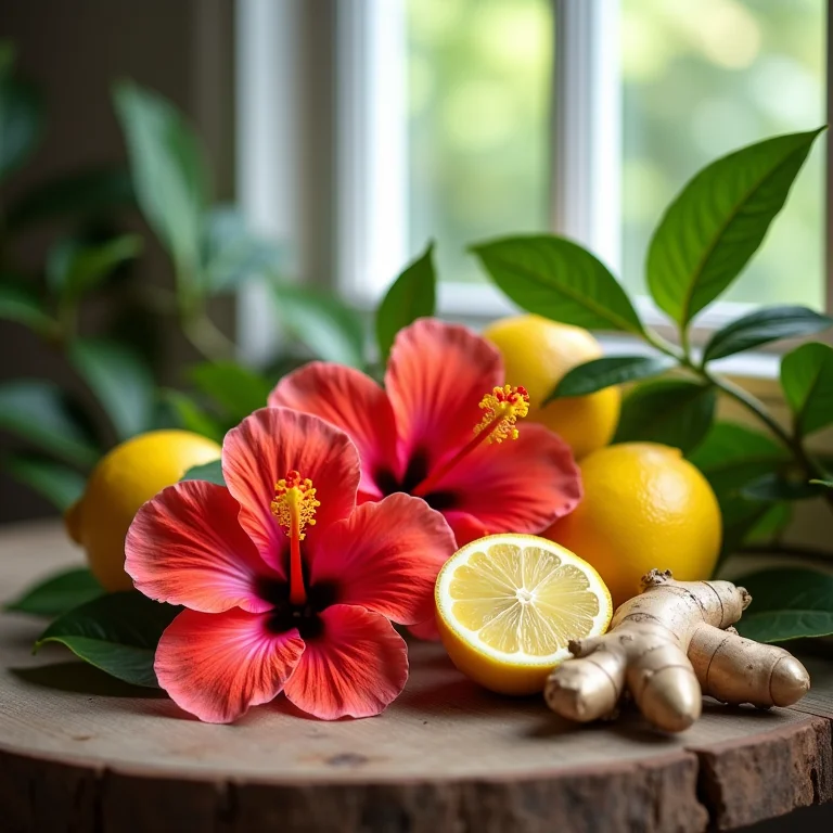Hibisco, limão e gengibre frescos.