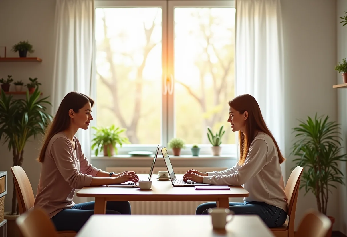 Home office para casal com iluminação natural e decoração minimalista