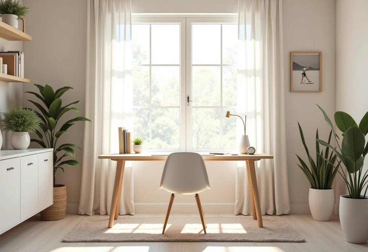 Home office simples e bem iluminado com decoração minimalista.