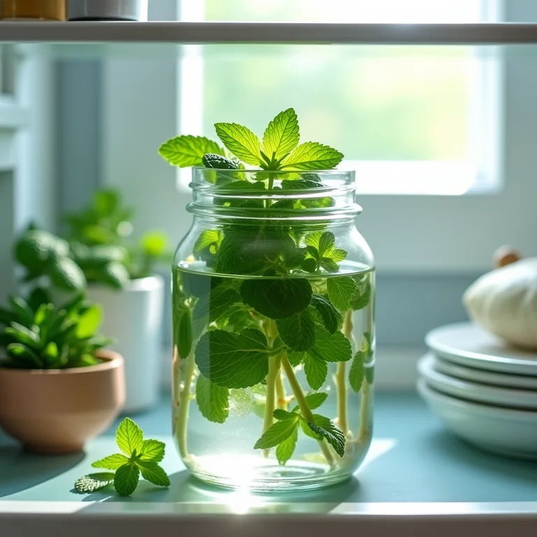 Hortelã fresca armazenada em pote de vidro na geladeira