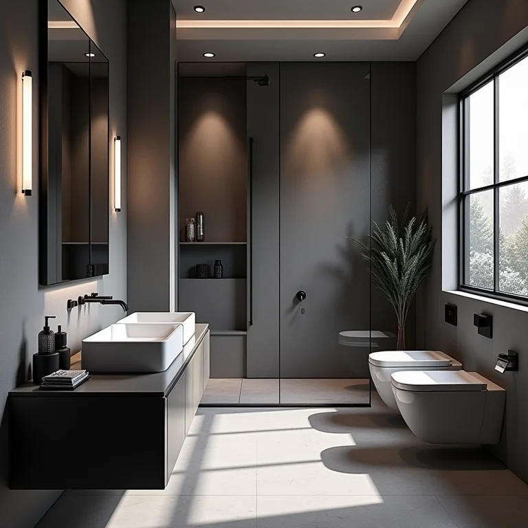 Iluminação eficiente em banheiro preto e branco
