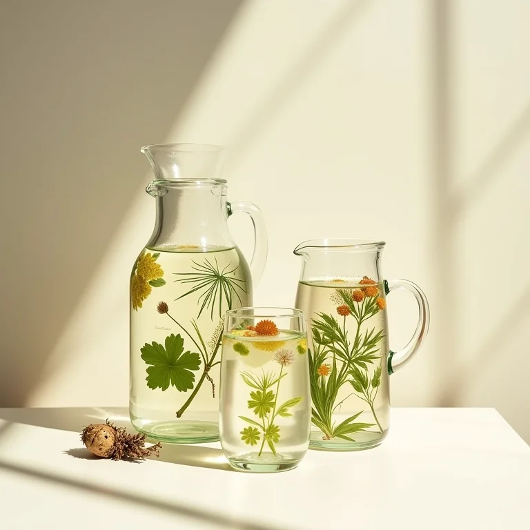 Ilustrações botânicas antigas de ervas medicinais e jarras de água infusionada.