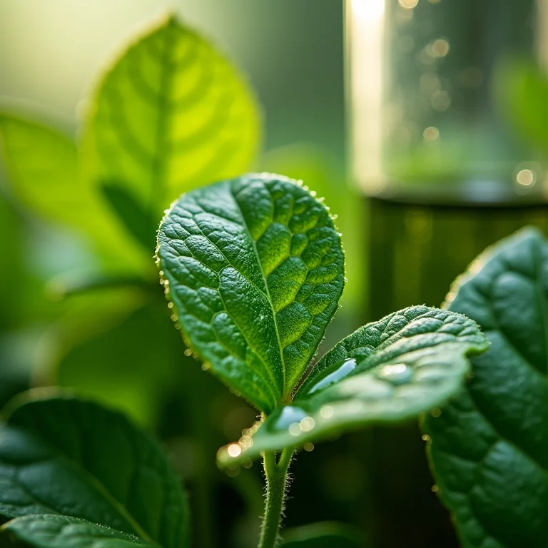 Imagem macro de folhas de erva mate com gotas de água, simbolizando seus compostos bioativos.