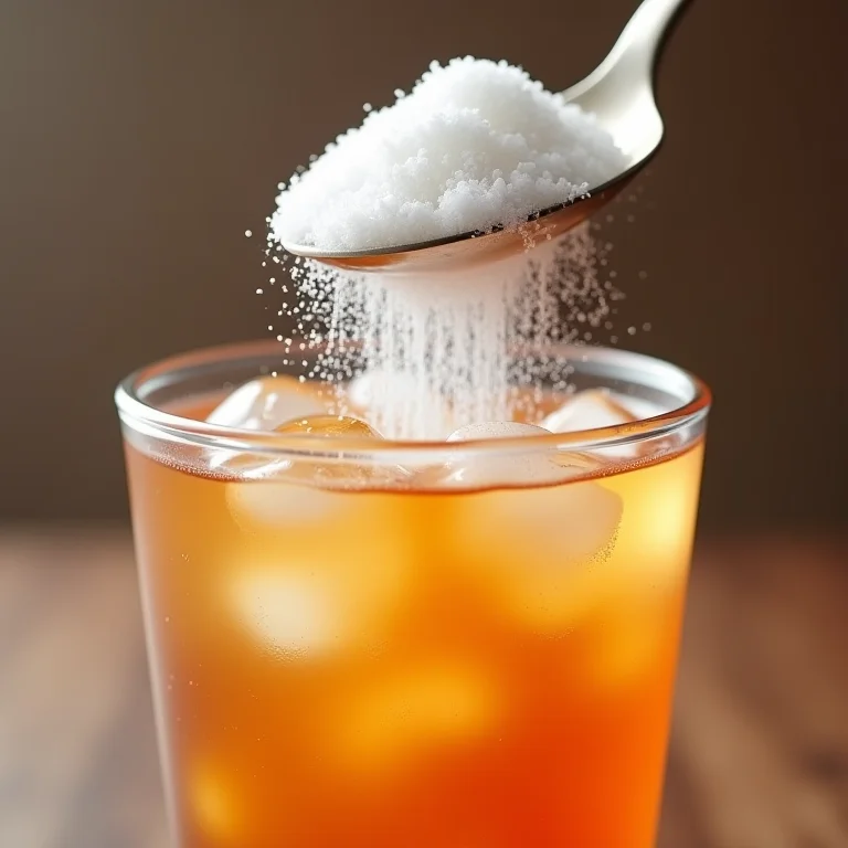 Imagem macro do excesso de açúcar sendo adicionado a um copo de chá gelado.