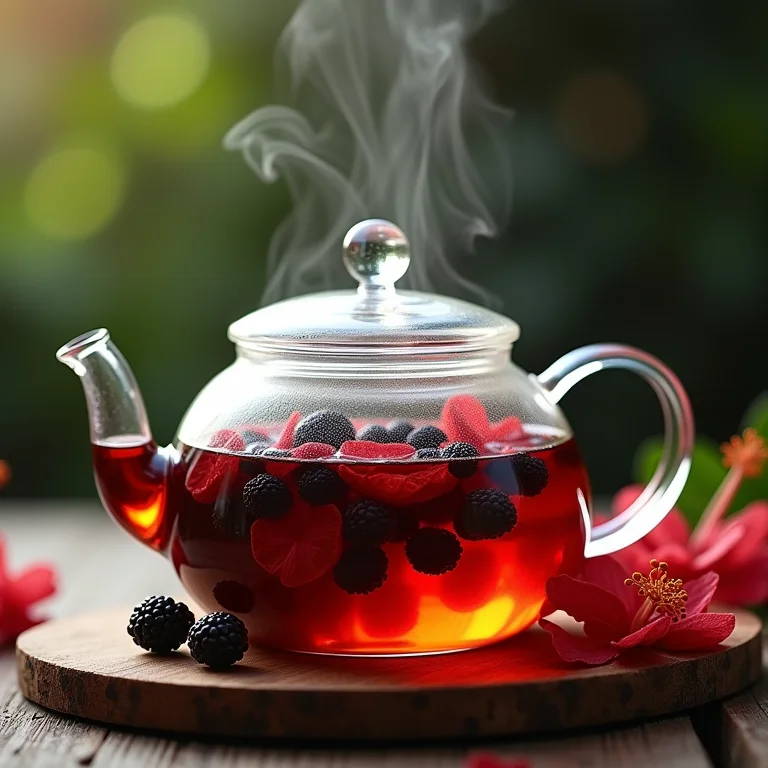 Infusão de amora e hibisco em bule de vidro.