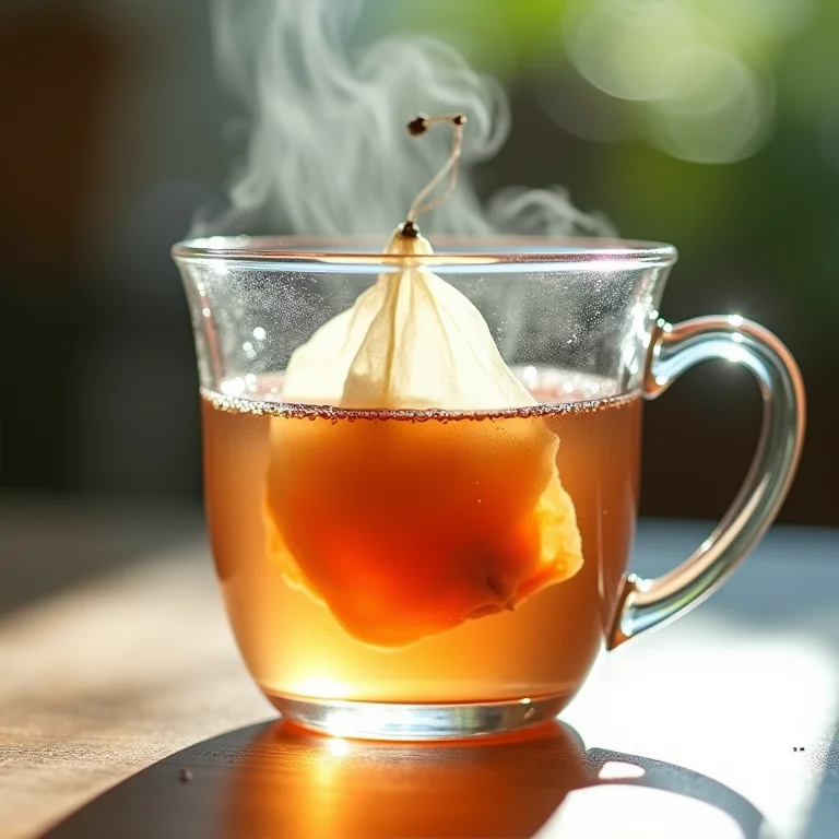 Infusão de chá de pêssego em copo de vidro.