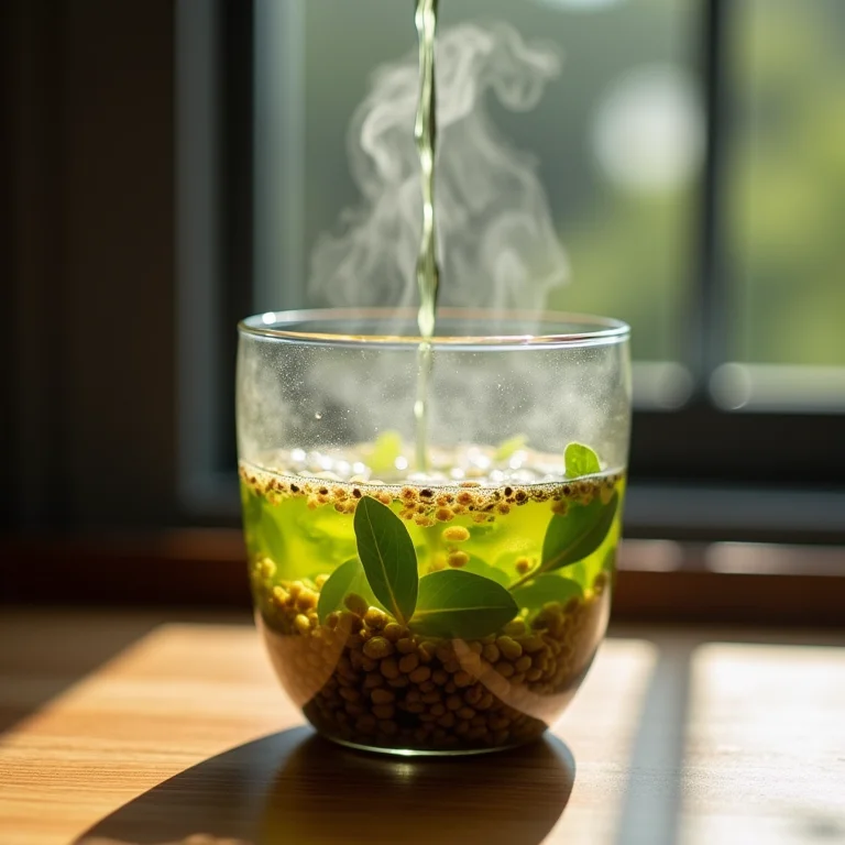 Infusão de chá Genmaicha com folhas de chá verde e arroz torrado.