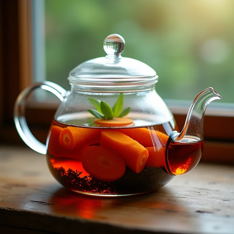 Infusão de chá preto com cenoura em bule de vidro