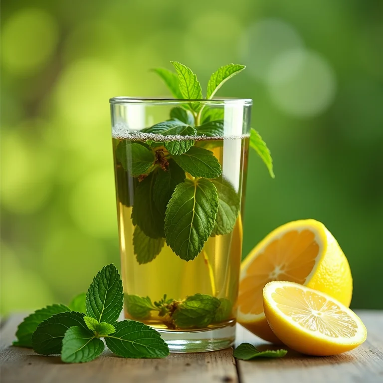 Infusão de erva mate em copo transparente com hortelã e limão, representando a ação diurética.