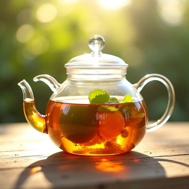 Infusão de guaco em bule de vidro transparente, mostrando a coloração do chá