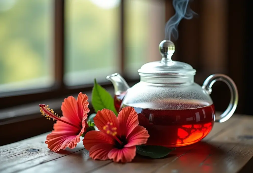 Infusão de hibisco sendo preparada em bule de vidro sobre mesa de madeira rústica.