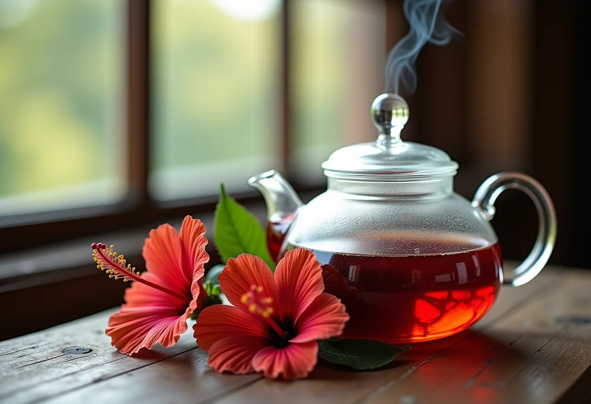 Infusão de hibisco sendo preparada em bule de vidro sobre mesa de madeira rústica.