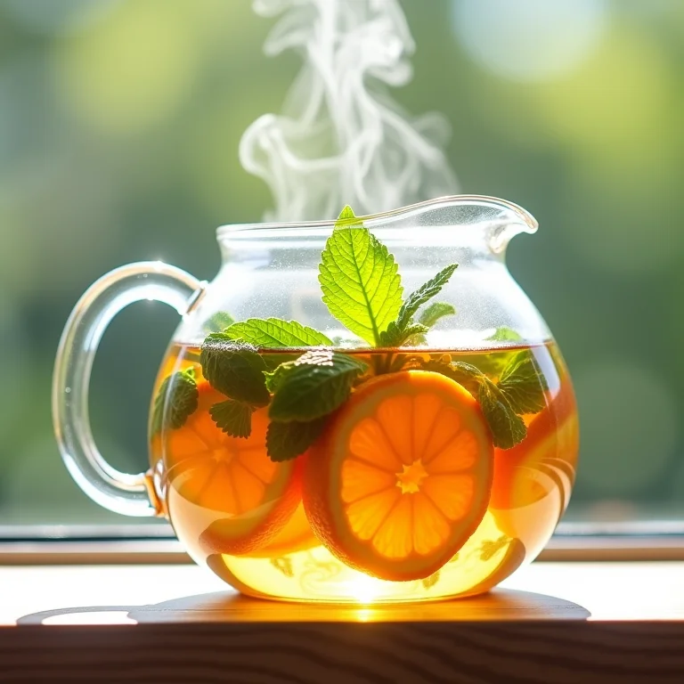 Infusão de laranja e hortelã em bule de vidro