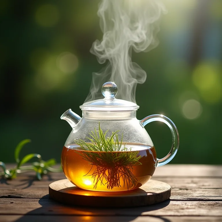 Infusão do chá de cavalinha em bule de vidro transparente.