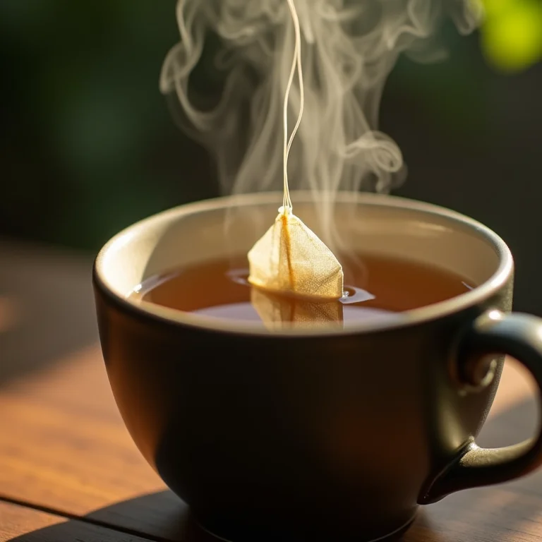 Infusão tradicional de chá quente com saquinho em xícara de cerâmica.