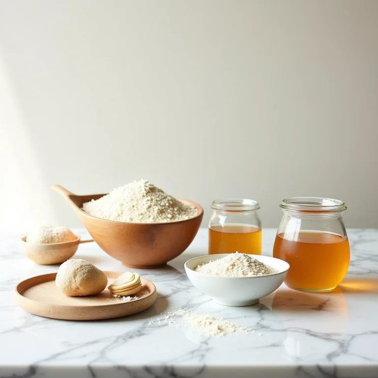 Ingredientes crus para pão de cevada e mel em potes rústicos