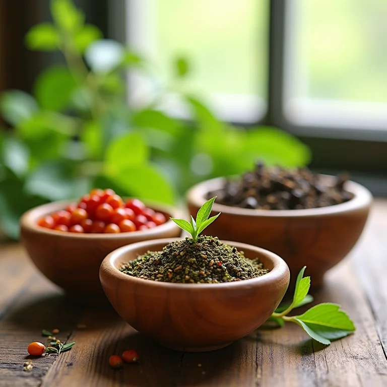 Ingredientes de chá de ervas seguros dispostos em tigelas de madeira.