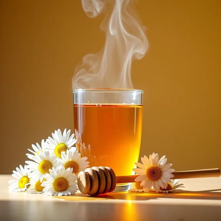 Ingredientes do chá de camomila com mel: flores, mel e vapor.