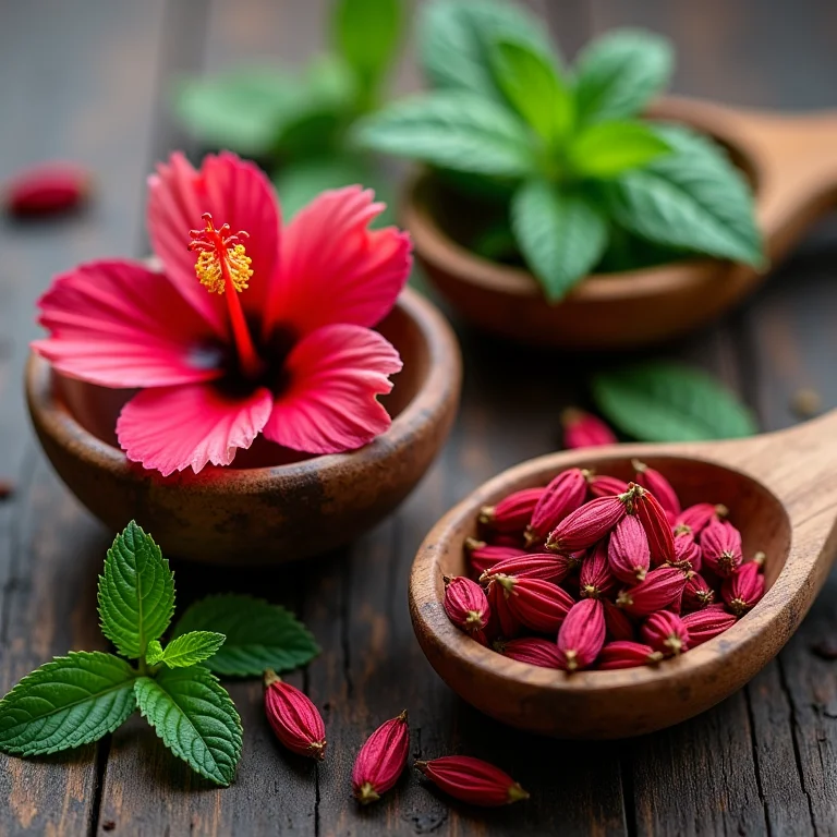 Ingredientes do chá de hibisco com hortelã: flores de hibisco secas e folhas de hortelã fresca