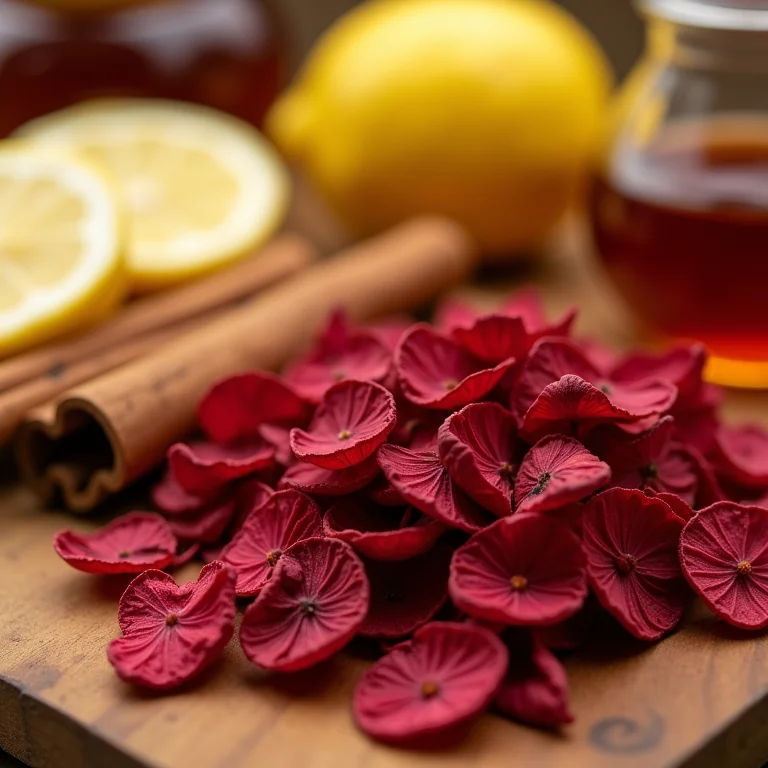 Ingredientes do chá de hibisco: flores secas, canela, mel e limão em tábua de madeira