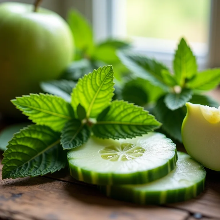 Ingredientes do chá gelado: hortelã, pepino e maçã verde.