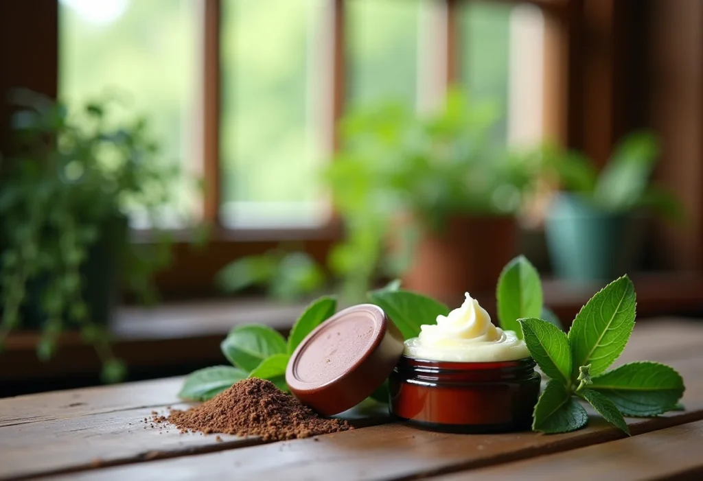 Ingredientes do Chá Vick (eucalipto, mentol, cânfora) em composição rústica com luz natural.