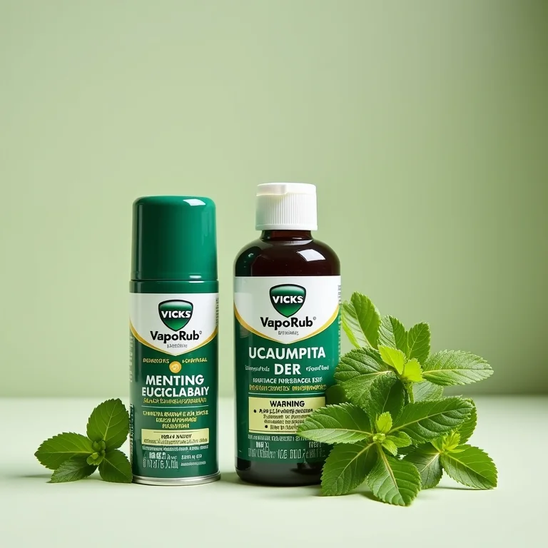 Ingredientes do Vicks VapoRub (mentol, eucalipto) com rótulos de advertência.