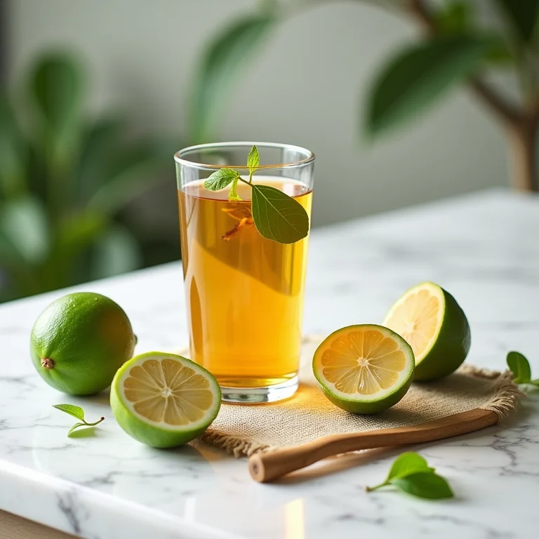 Ingredientes e equipamentos para criar chá de folha de goiaba dispostos em um balcão de mármore