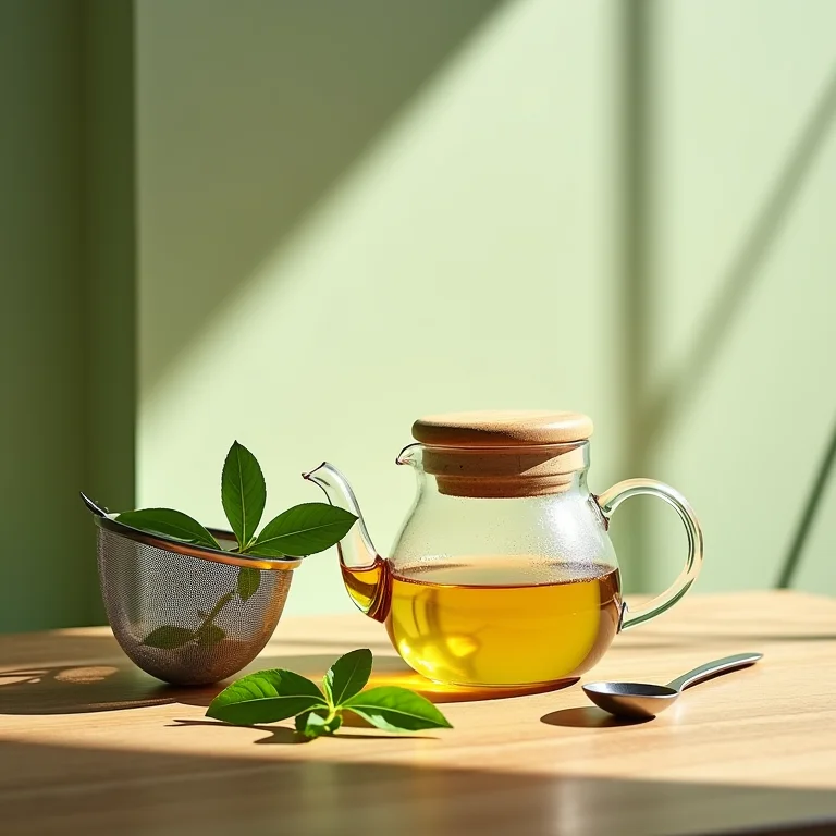 Ingredientes e utensílios para chá de estévia.