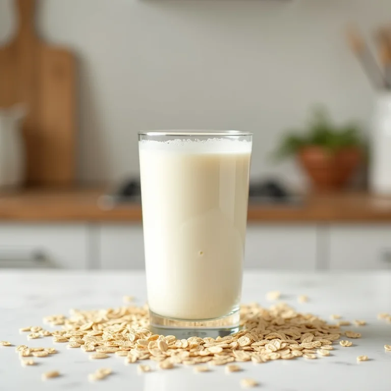 Ingredientes e utensílios para fazer leite de aveia caseiro.