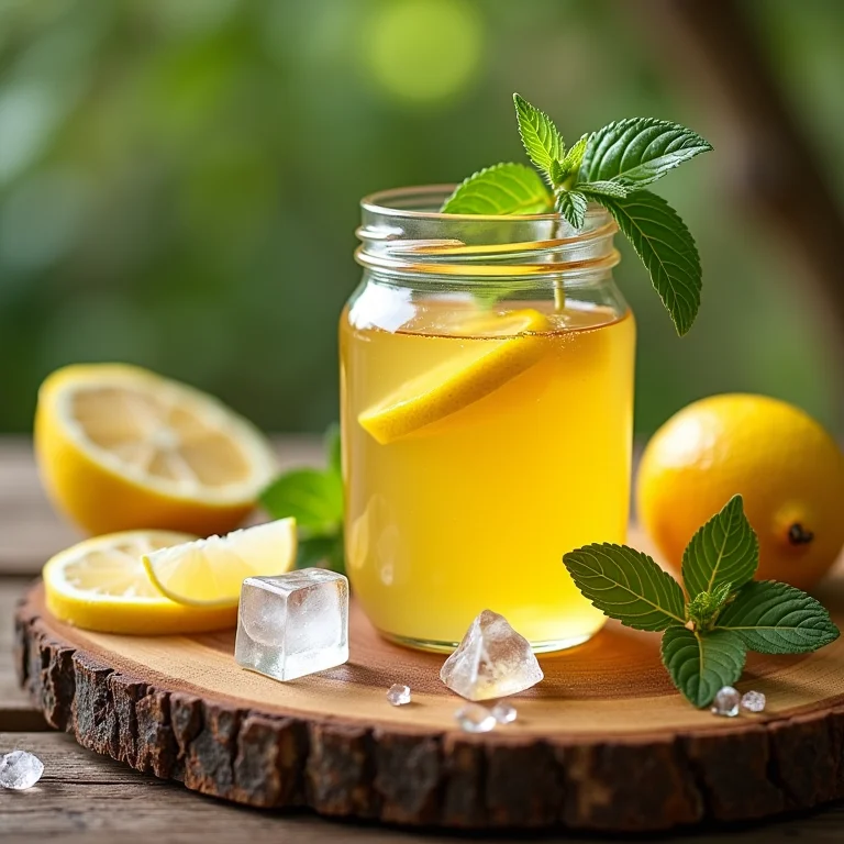 Ingredientes essenciais para um chá de erva cidreira gelado: erva cidreira, mel, limão e gelo.