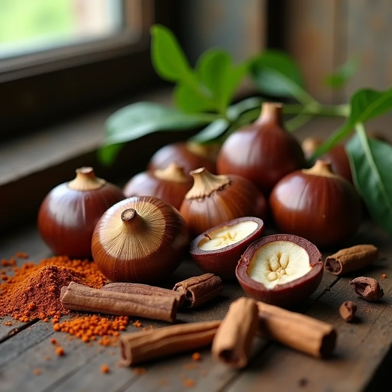 Ingredientes exóticos para chá de castanha: especiarias e castanhas frescas.