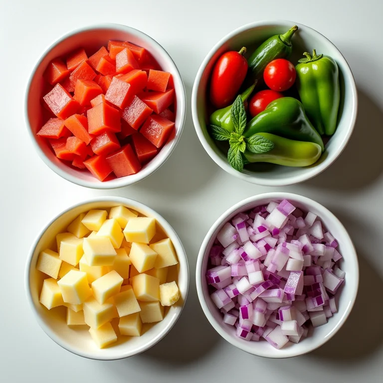 Ingredientes frescos e cortados para um vinagrete equilibrado