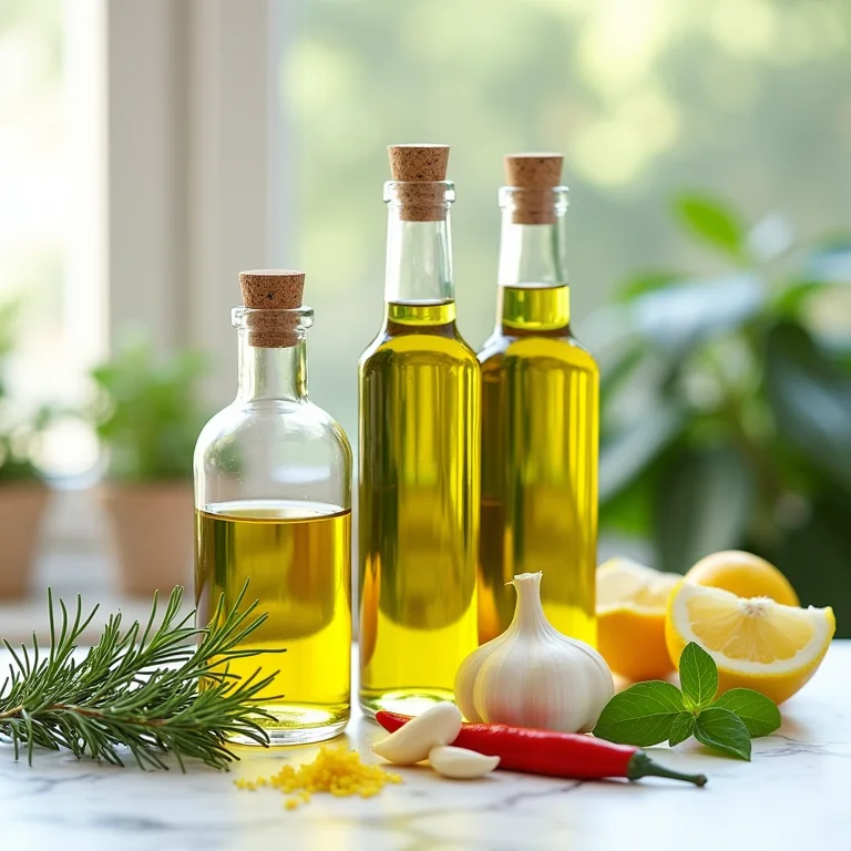 Ingredientes frescos para aromatizar azeite em bancada de mármore.