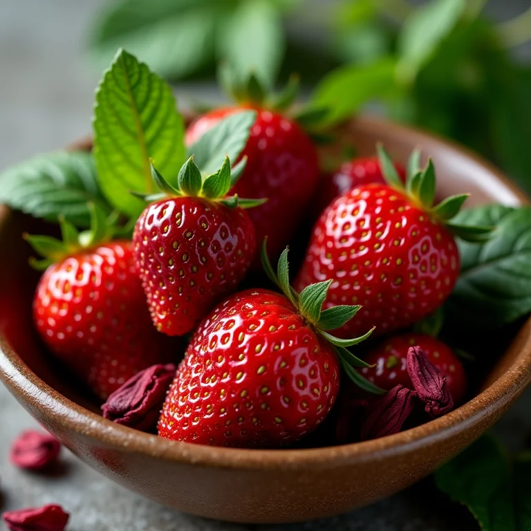 Ingredientes frescos para chá de hibisco: morango, hortelã e hibisco seco.